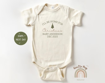 I&#39;ll Be Home For Christmas Baby Onesie®, Retro Christmas Baby Bodysuit, December Baby Announcement Onesie®, Baby Shower Gift