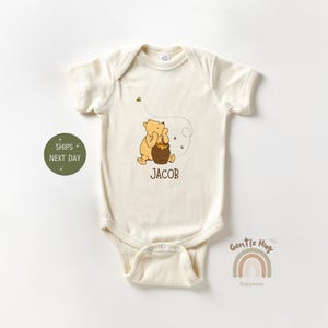 Custom Name Baby Pooh Bear Onesie®, Cute Pooh Bodysuit, Personalized Name Baby Announcement Onesie®, Trendy Natural Animal Baby Clothes