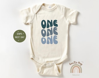 One One One Baby Bodysuit, Retro 1st Birthday Bodysuit, Milestone Baby Outfit, Groovy Blue Baby Clothes, Natural Birthday Gift