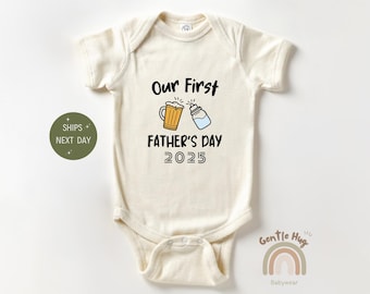 Our First Father&#39;s Day Baby Onesie®, Personalized First Father&#39;s Day Bodysuit, Cute Bottle & Beer Onesie®, Custom Father&#39;s Day Gift