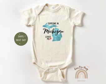 Someone In Michigan Loves Me Baby Bodysuit, State Baby Bodysuit, Cute Natural Baby Bodysuit, Baby Shower Gift, Family Bodysuit