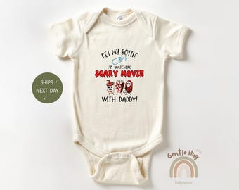 Funny Scary Movie Baby Bodysuit, Watching with Daddy Baby Bodysuit, Movie Night Baby Outfit, Cute Baby Gift for Halloween or Anytime