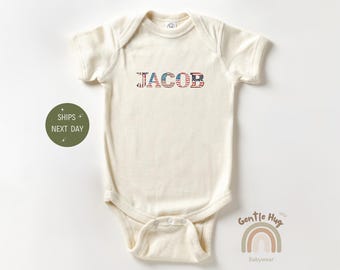 Personalized Patriotic Name Baby Apparel, Custom American Flag Bodysuit, 4th of July Outfit, Red White Blue Baby Gift, Independence Day Look