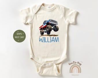 Custom Name Monsters Truck Baby Bodysuit, Personalized Bodysuit, Monster Truck Baby Bodysuit, Custom Vehicles Gift Bodysuit