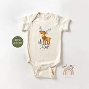 Custom Name Woodland Moose Baby Onesie®, Moose Baby Outfit, Coming Home Clothes, Cozy Woodland Bodysuit, Cute Deer Onesie®, Baby Shower Gift