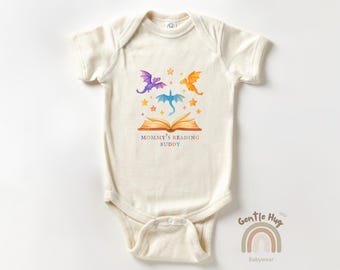 Mommy’s Reading Buddy Baby Bodysuit, Adorable Book Lover Bodysuit, Whimsical Dragon Reading Outfit, Natural Neutral Infant Clothes