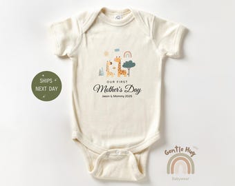Our First Mothers Day Custom Baby Onesie®, Personalized Mothers Day Natural Bodysuit, Cute Mothers Day Gift, Newborn Baby Onesie®