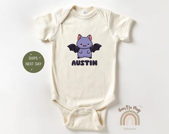 Personalized Bat Baby Bodysuit, Funny Halloween Baby Bodysuit, Custom Name Baby Outfit, Baby Shower Gift, Cute Spooky Baby Bodysuit