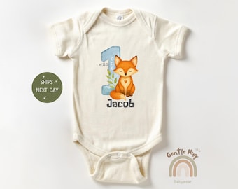 Wild One Fox Baby Bodysuit, Custom Name 1st Birthday Outfit, Forest Animal Baby Bodysuit, Personalized Woodland Baby Gift, Natural Bodysuit