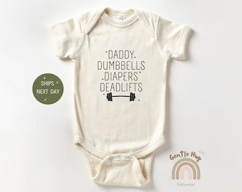 Daddy Dumbbells Diapers Deadlifts Baby Bodysuit, Cute Gym Bodysuit, Funny Fitness Baby Outfit, Strong Dad Baby Shower Gift Clothes