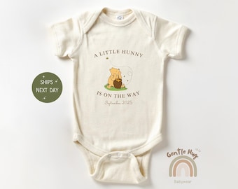 Pooh Custom Baby Apparel, Newborn Baby Bodysuit, A little Hunny Is On The Way Personalized Announcement Baby Apparel, Funny Baby Shower Gift