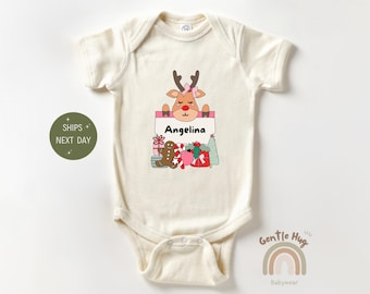 Personalized Christmas Baby Bodysuit, Cute Baby Bodysuit, Custom Christmas Bodysuit, Baby Christmas Gift, Custom Name Girls Baby Bodysuit
