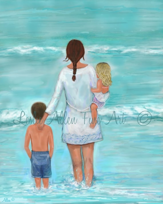 Mother Son Daughter Art Print Family Beach Art Mother Kids Etsy