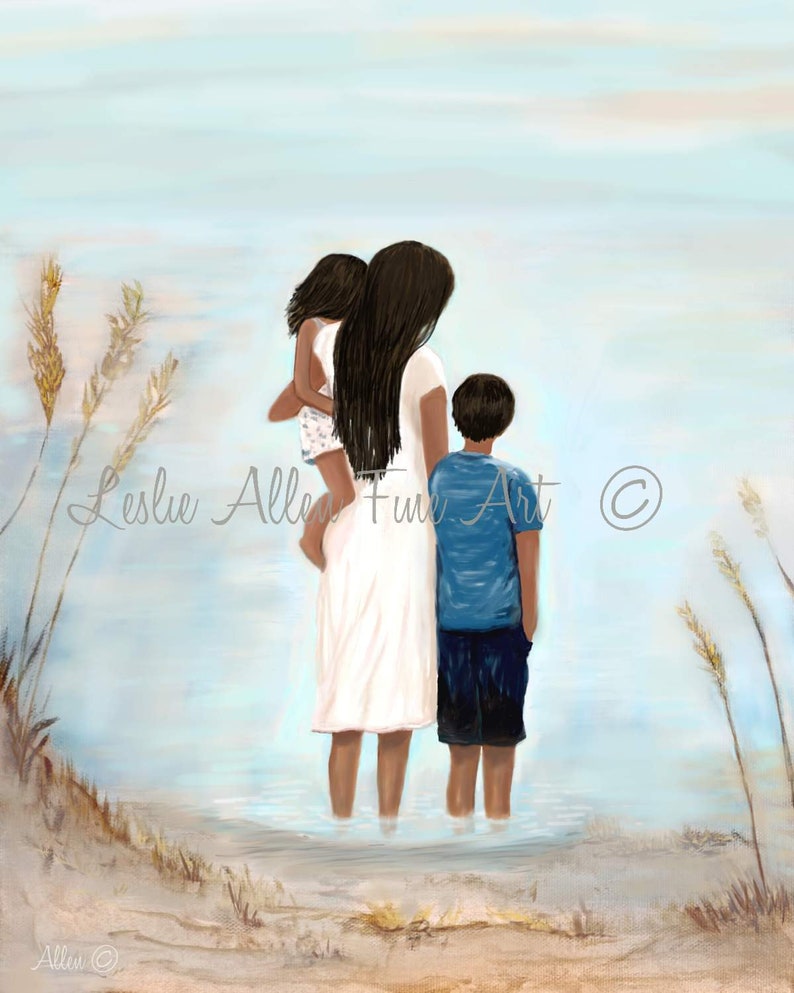 Mother Son Daughter Art Print Family Beach Art Mother Kids Etsy