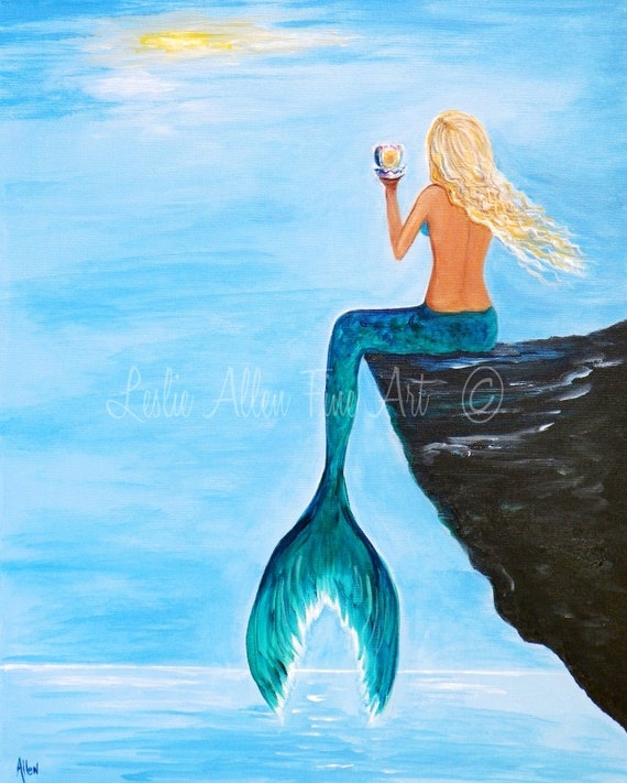 Mermaid Art Print Giclee Mermaids Blonde Girl Room Decor Beach Theme Mermaid Art Print Giclee Glam Day Leslie Allen Fine Art