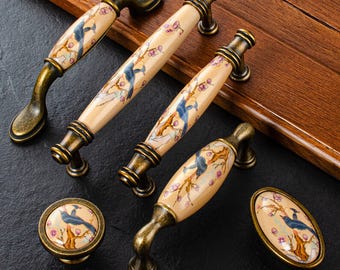 Ceramic Cabinet Hardware, Vintage Bird Drawer Knobs, Unique Drawer Pulls with Hand-Painted Floral Design