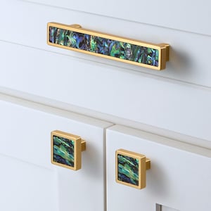 Abalone Cabinet Knob or Pull: Brushed Gold Brass, Mother of Pearl Inlay