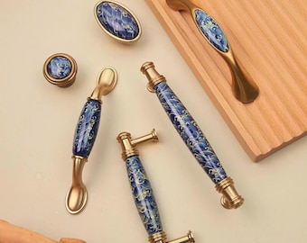 Ocean Cabinet Hardware – Vintage Brass and Blue Ceramic Pulls for Dressers and Kitchen Decor