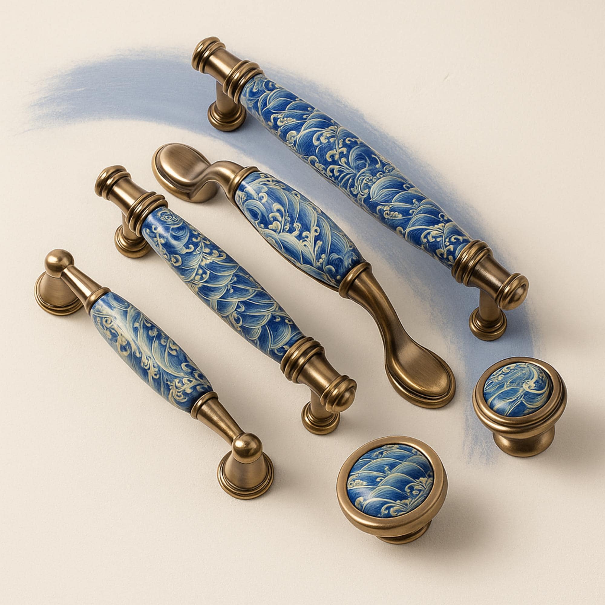 Ocean Cabinet Hardware, Blue Wave Ceramic Knobs and pulls for Kitchen Cabinets and Dresser Drawers