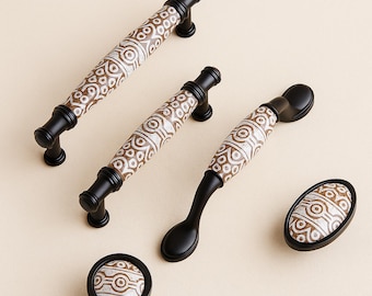 Cabinet Hardware, Ceramic Inlay Knobs and Pulls, Matte Black Tribal Pattern, Kitchen Décor, Home Decor, Cabinets and Drawers