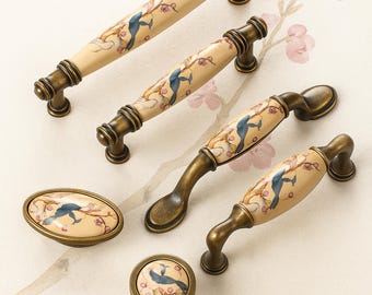 Ceramic Cabinet Hardware, Vintage Bird Drawer Knobs, Unique Drawer Pulls with Hand-Painted Floral Design