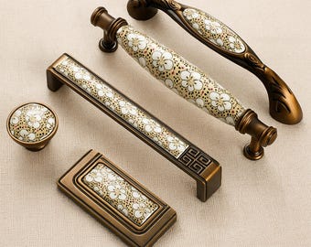 Cabinet Hardware, Antique Hardware Knobs and Pulls with Ceramic Floral Inlay, Kitchen Hardware for Cabinets and Drawers