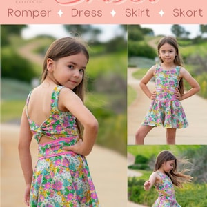 Puede incluir: Una niña pequeña lleva un vestido de estampado floral con una banda rosa. El vestido tiene un detalle de torsión en la espalda. El vestido es parte del patrón "Ember" de Sunshine Pattern Co. La imagen también muestra las palabras "Romper", "Dress", "Skirt" y "Skort".