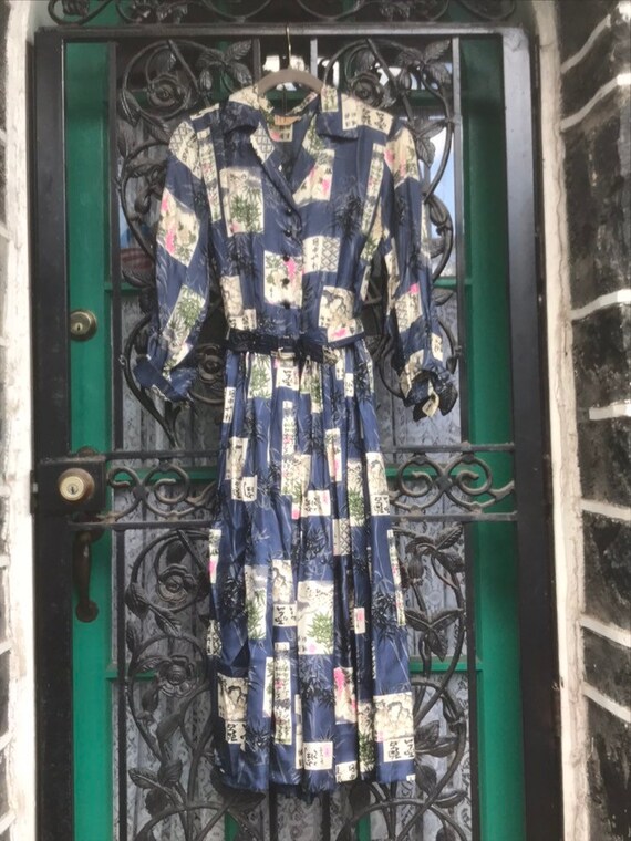 Vintage R&K Originals Silk Shirtdress Shirt Dress 50's Japanese Print Purple Black Pink