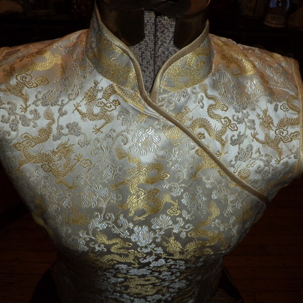 Vintage Lemon Yellow Cheongsam Qi Pao Asian Chinese Brocade Floral Dragon Prom Wedding Dress 1950's 1960's