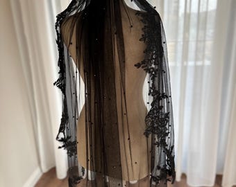 Gorgeous Black Fingertip Veil, Black Pearl Lace Veil, One Layer Short Wedding Veil, Black Wedding Dress, Black Tulle Embroidered Veil