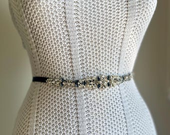 Thin Navy Blue Crystal Bridal Belt, Blue Crystal Wedding Sash, Beaded Rhinestone Belt, Blue Wedding Dress Jewelry, Blue Bridal Accessories