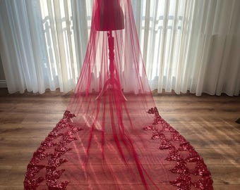 Burgundy Cathedral Veil Two Layered Red Veil Red Glitter Shoulder Veil with Comb Red Wedding Dress Embroidered Tulle Veil Long Lace Veil
