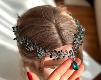 Green Crystal Floral Tiara, Emerald Bridal Hairpiece, Wedding Hair Vine, Dark Green Drop Crystal Wedding Hair Jewelry, Flower Girl Tiara