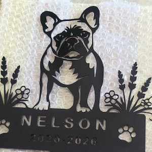 Op de afbeelding: Een zwart metalen silhouet van een Franse Bulldog die tussen twee bloemstengels staat. Onder de hond bevindt zich een rechthoekig plaatje met de naam NELSON in hoofdletters, gevolgd door de jaren 2020-2026, met aan weerszijden een pootafdruk.