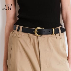 French Vintage Horseshoe Buckle Cowhide Belt, Gold buckle Black Belt, Casual Workwear Belt,Custom Handmade Belt