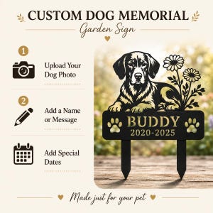 Op de afbeelding: Een zwart metalen tuinbord met een uitgesneden illustratie van een liggende hond naast twee bloemen. De rechthoekige basis bevat de naam BUDDY en de data 2020-2025, geflankeerd door twee pootafdrukken, met twee puntige grondpennen.