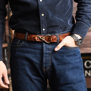 Handmade Vintage Cowhide Leather Cavalry Belt, Retro Brass Buckle Belt, Casual Workwear Leather Belt, Rustic Gift for Him, Best Man Gift