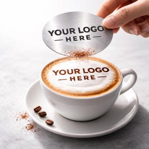 Puede incluir: Una taza y platillo blancos con capuchino, con el texto "YOUR LOGO - HERE" en la espuma. Un disco plateado con el mismo texto se sostiene sobre la taza, con posos de café esparcidos alrededor. Tres granos de café están en el platillo.