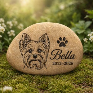 Può includere: Una pietra commemorativa ovale, liscia e color marrone chiaro, con un'illustrazione incisa al laser di un Yorkshire Terrier, un'impronta di zampa, il nome Bella e gli anni 2012–2026 in un carattere scuro, chiaro, corsivo e sans-serif.