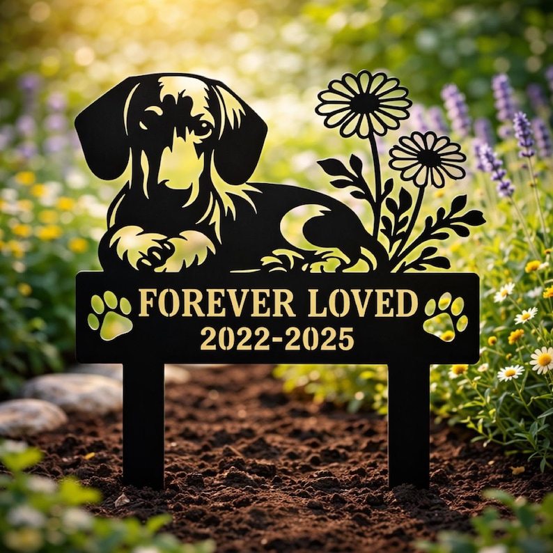Op de afbeelding: Een zwarte metalen tuinpaal met een silhouet van een teckel naast twee madeliefjes. Onder de hond toont een rechthoekig bord de tekst FOREVER LOVED en de jaren 2022-2025, geflankeerd door twee uitgesneden pootafdrukken aan weerszijden.