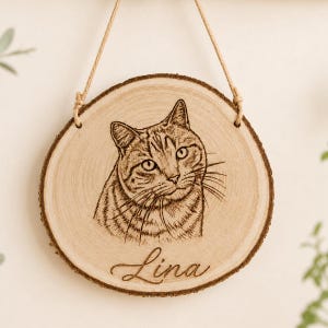 Personligt kattporträtt i trä, gravyr med kattfoto, unik present till kattälskare