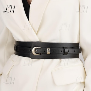 French Vintage Wide Leather Belt, Black Cowhide Corset Belt, Detachable Waist Cincher, Adjustable Two-Way Wide Belt for Dresses & Coats