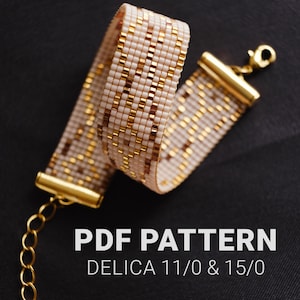Puede incluir: Un brazalete de cuentas doradas y blancas con cierre de broche. El brazalete está hecho con cuentas Delica 11/0 y 15/0. Patrón PDF.