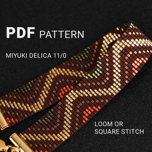 May include: A beaded bracelet with a geometric pattern in shades of brown, gold, green, and orange. The text "PDF PATTERN" and "MIYUKI DELICA 11/0" are displayed. The text "LOOM OR SQUARE STITCH" is also visible.