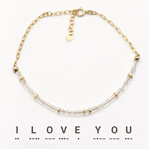 Morse Code Bracelet Gift, I Love You, Crystal Quartz, Gold Filled or Sterling Silver
