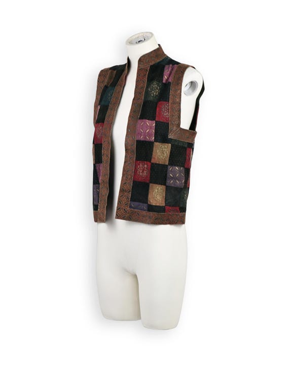 Roberto Cavalli, Roberto Cavalli Gilet en cuir, multicolore, motif floral bohème vintage, patchwork, sans manches, col Mao, années 1970