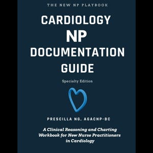 May include: A navy blue book cover with white text that reads "CARDIOLOGY NP DOCUMENTATION GUIDE." A blue heart graphic is below the title. The text "Specialty Edition" and author's name are also visible.