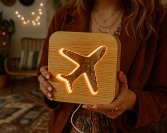 Wood Aircraft Night Light | USB Airplane Lamp