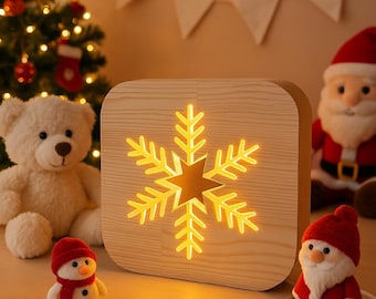 Wooden Snowflake Night Light | USB Decorative Lamp for Home Gift & Nursery, Handmade Lamp, snowflake lamp