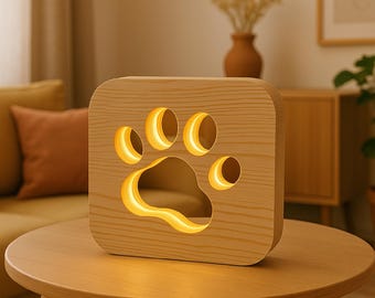 Handmade Bedside Night Light, Wooden Paw Design Lamp – Pine USB LED, Red, Blue & Warm White Options animal lover gift